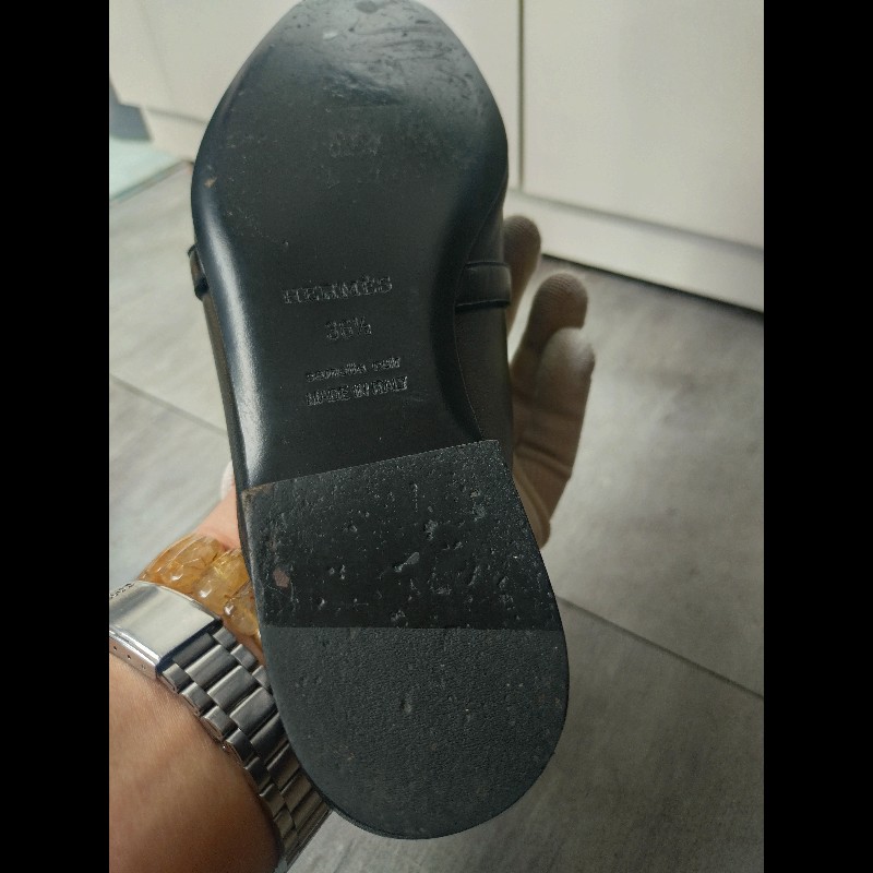 Hermes 銀釦黑皮女平底鞋-23