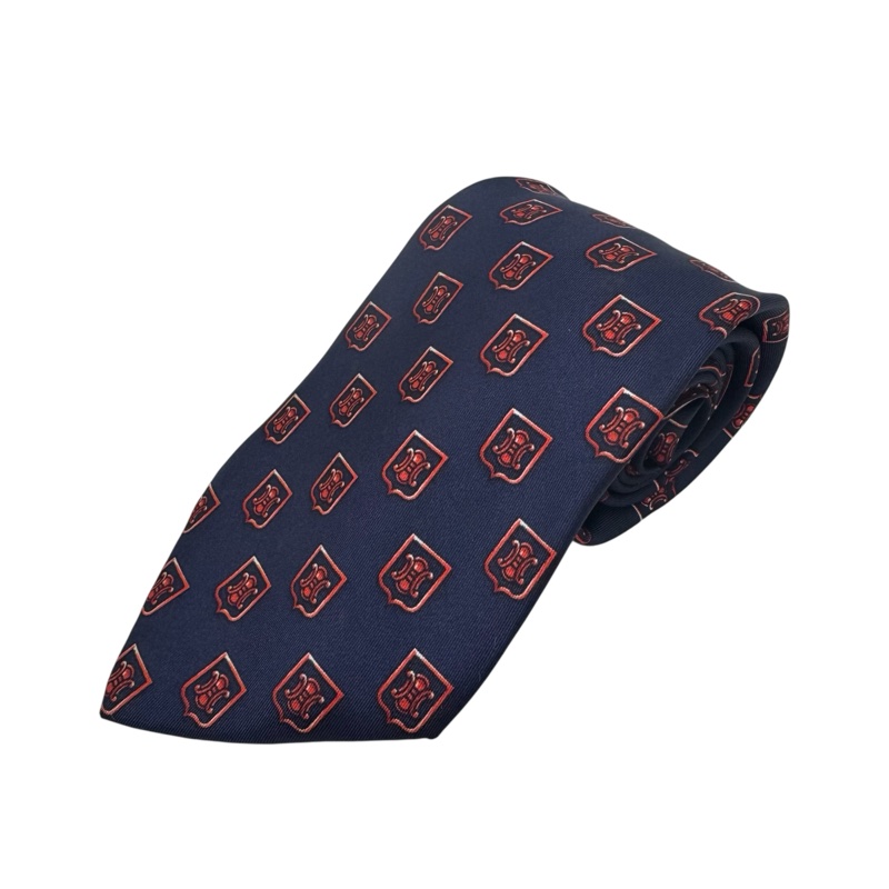 CELINE 藍 凱旋門圖案 領帶 領結 絲綢（中古）-0