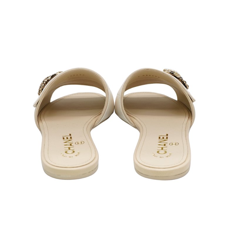 Chanel 展示品 水鑽珍珠lgoo平底拖鞋#38.5(G39692-米白)-4