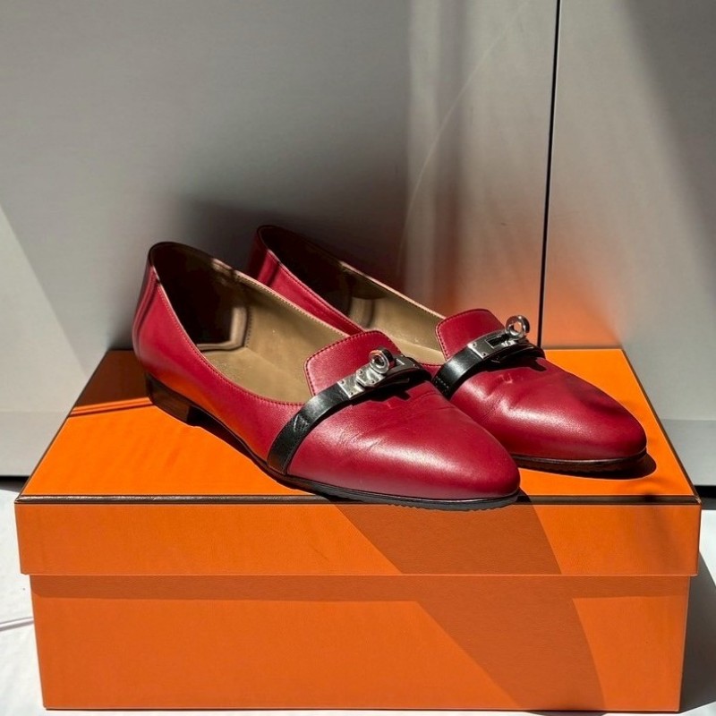 Hermes 銀釦暗紅皮革女平底鞋-0