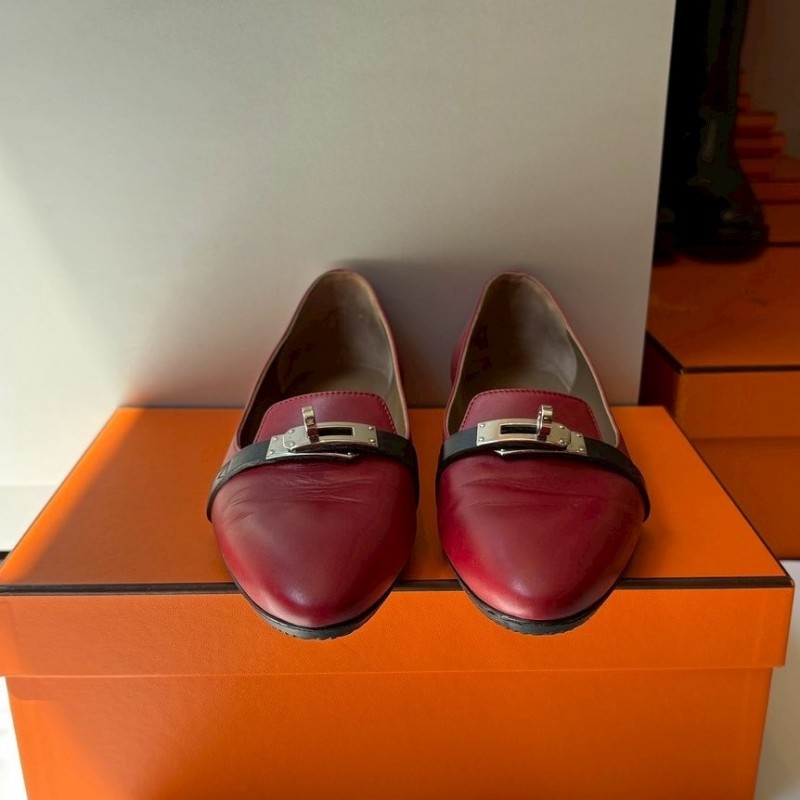 Hermes 銀釦暗紅皮革女平底鞋-1