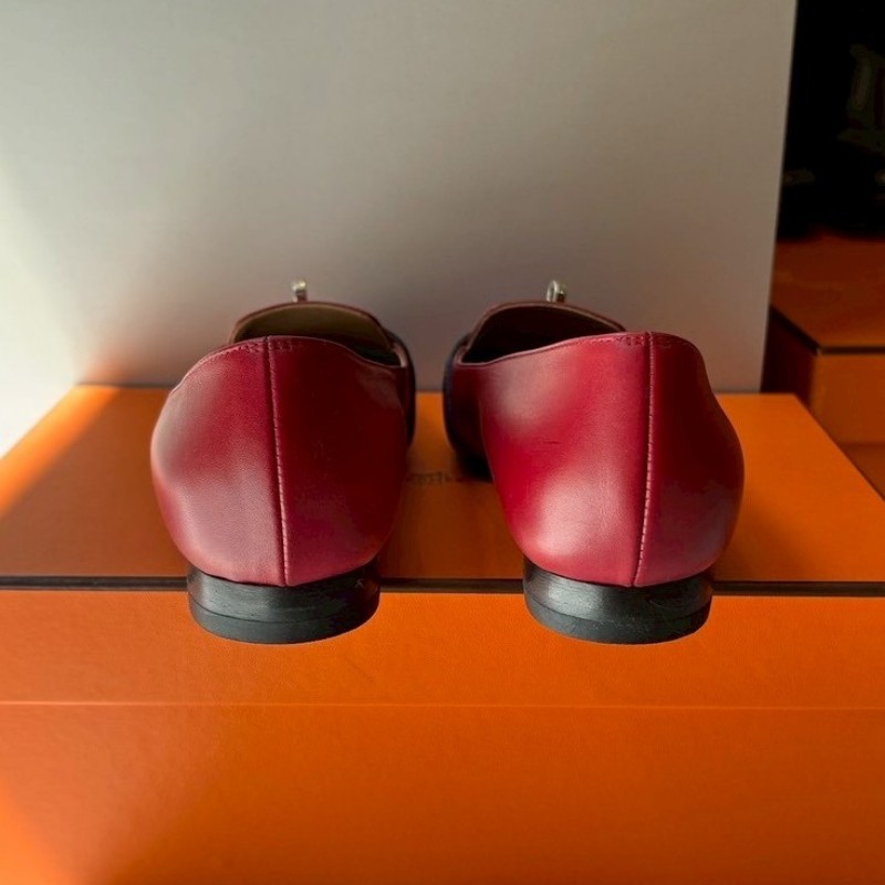 Hermes 銀釦暗紅皮革女平底鞋-2