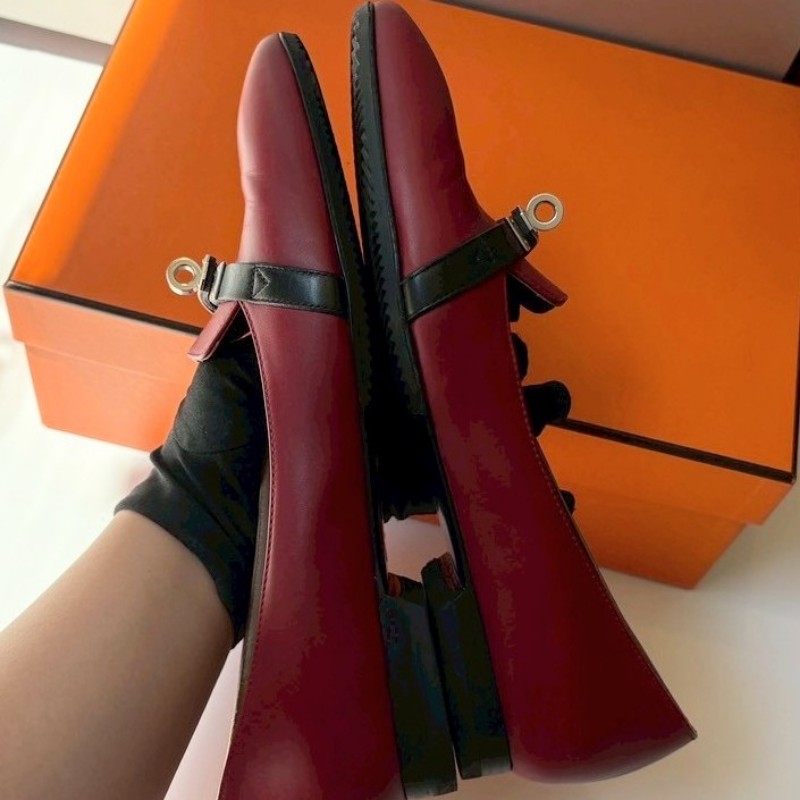 Hermes 銀釦暗紅皮革女平底鞋-3
