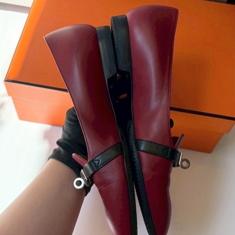 Hermes 銀釦暗紅皮革女平底鞋-4