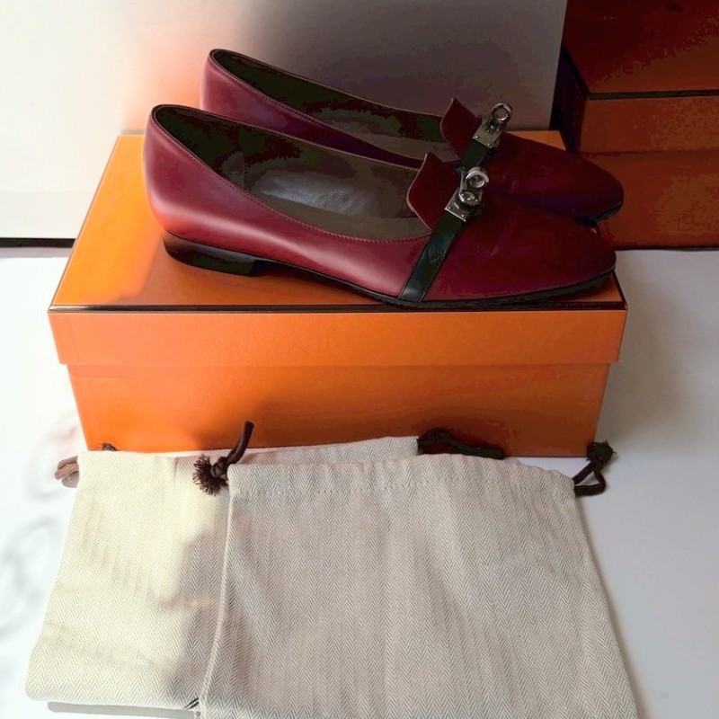 Hermes 銀釦暗紅皮革女平底鞋-5
