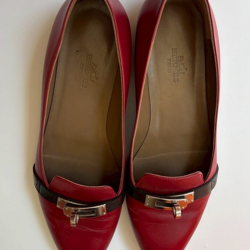 Hermes 銀釦暗紅皮革女平底鞋-6