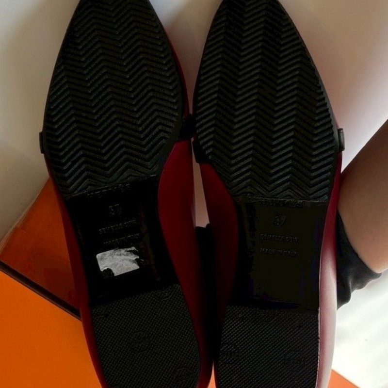 Hermes 銀釦暗紅皮革女平底鞋-7