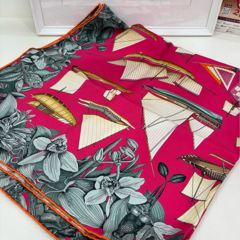 Hermes/愛馬仕 紅色帆船圖案絲巾 裱畫等級的絲巾呀 圍巾尺寸90*90 全新-1