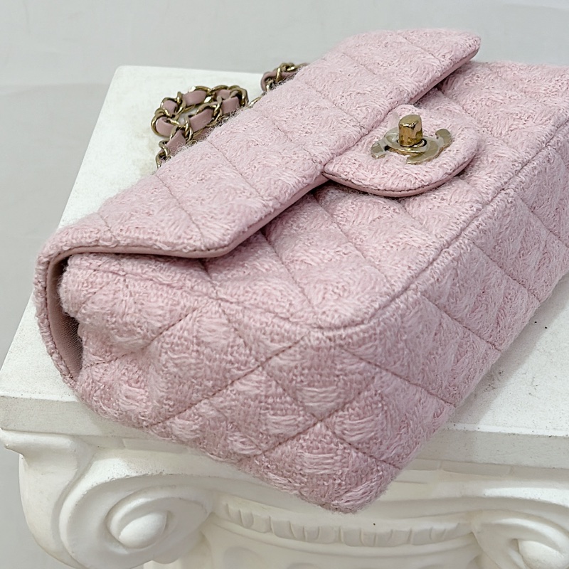 CHANEL COCO粉毛呢金釦斜背包20cm-4