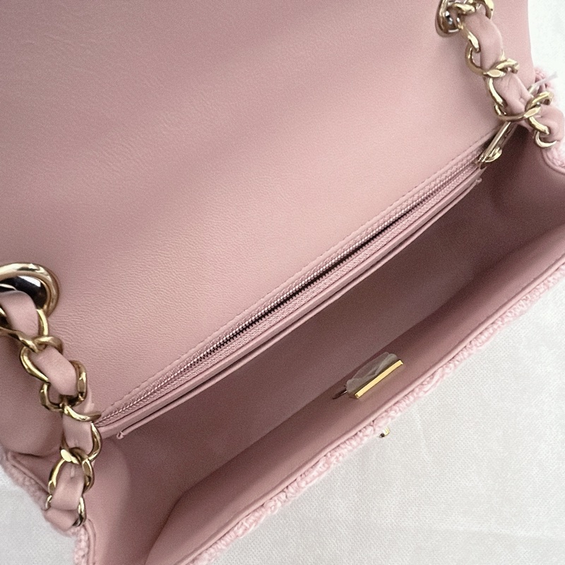 CHANEL COCO粉毛呢金釦斜背包20cm-7