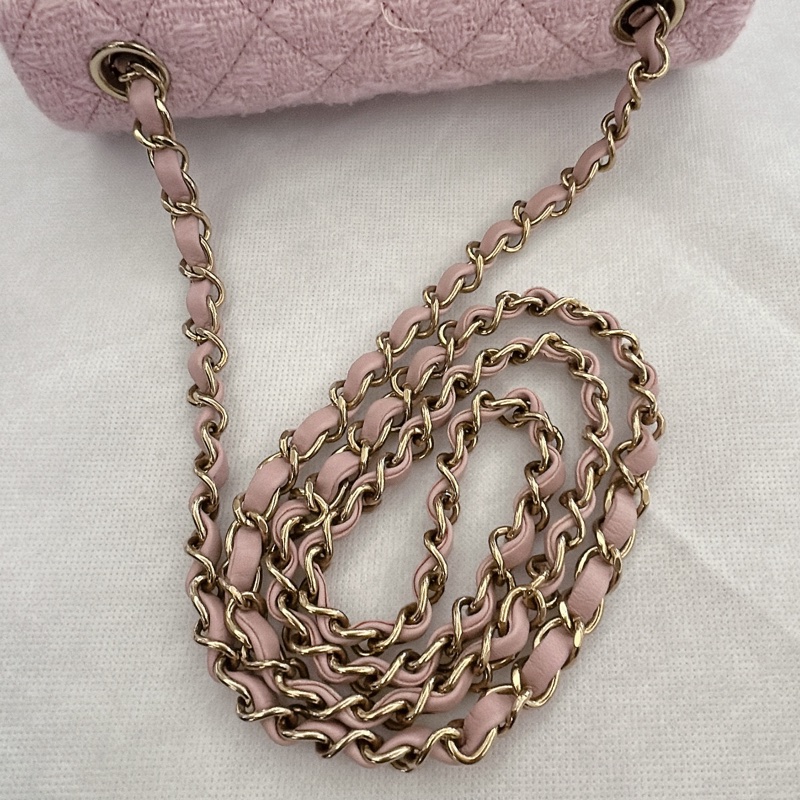 CHANEL COCO粉毛呢金釦斜背包20cm-8