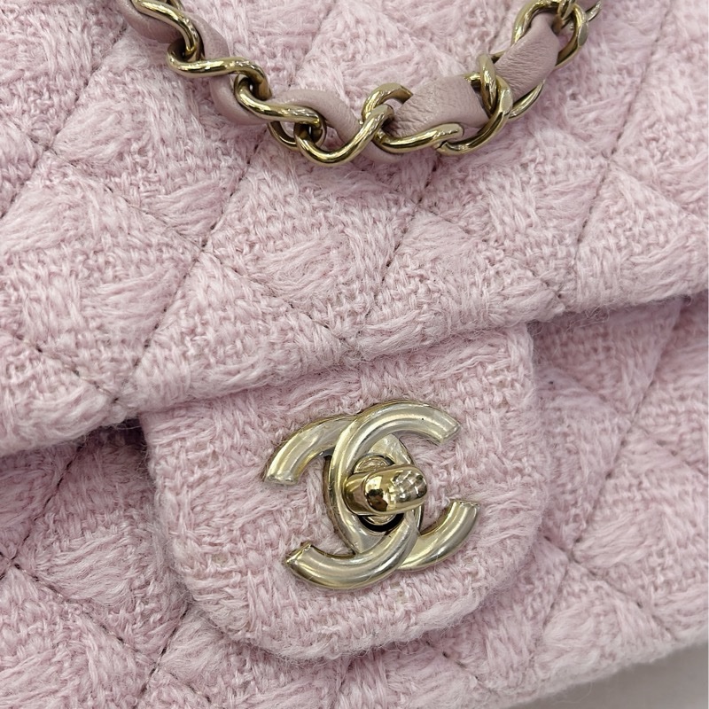 CHANEL COCO粉毛呢金釦斜背包20cm-9