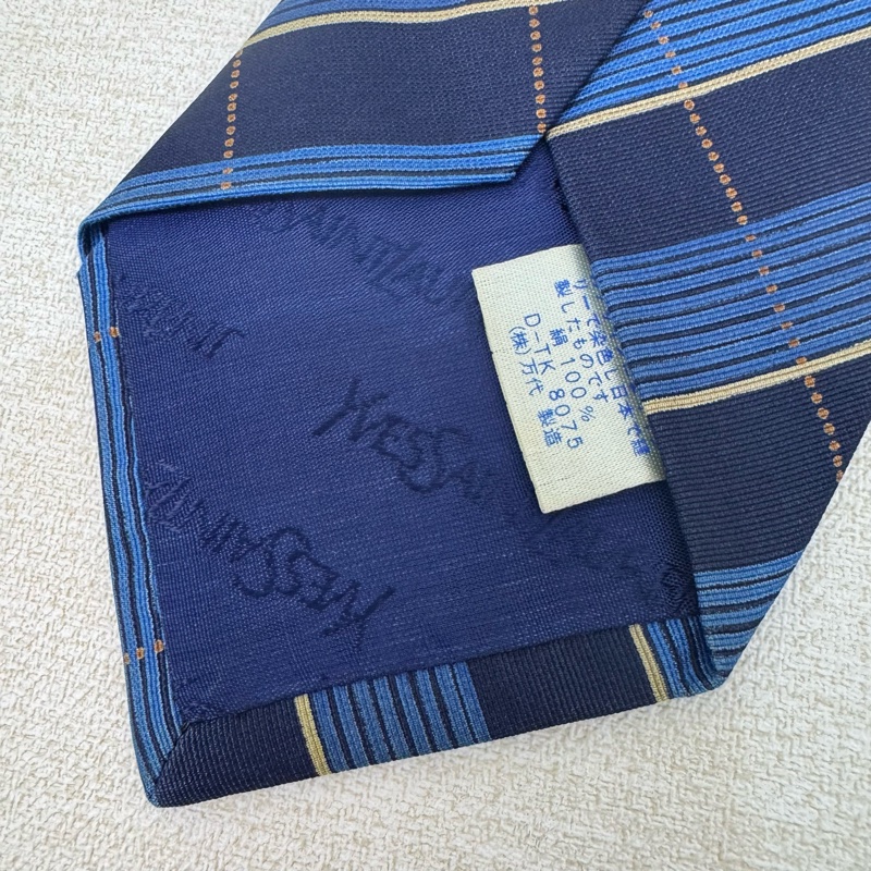 YSL 藍格紋 領帶 領結 絲綢(中古)-3