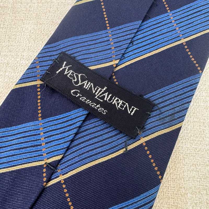YSL 藍格紋 領帶 領結 絲綢(中古)-4