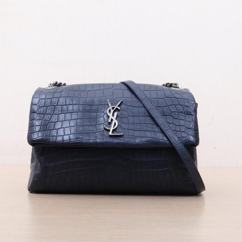 SAINT LAURENT(聖羅蘭) Hollywood West 郵差包 鱷魚壓紋 藍黑 銀扣-0
