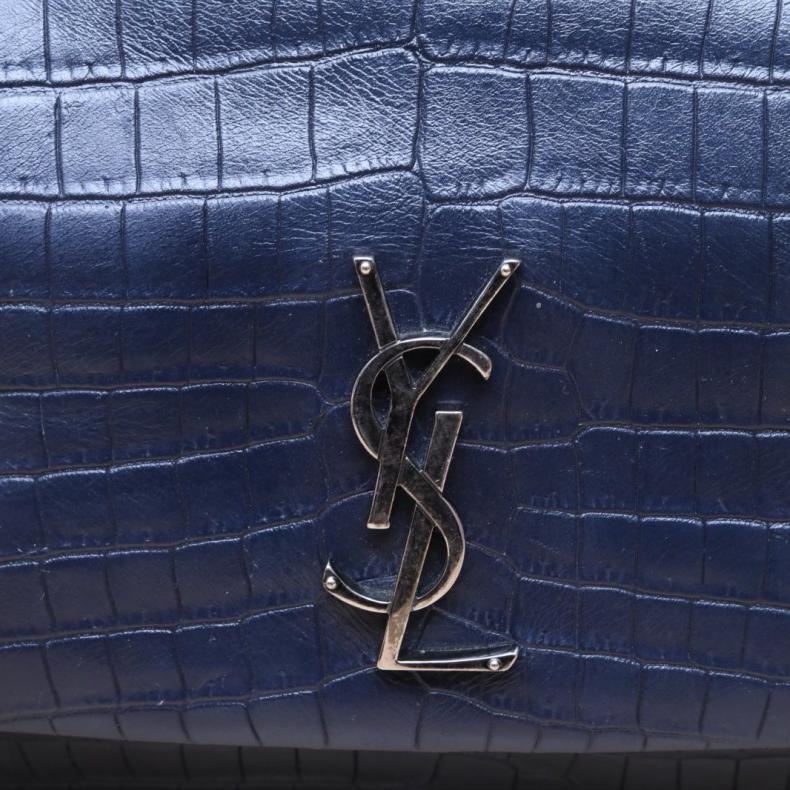 SAINT LAURENT(聖羅蘭) Hollywood West 郵差包 鱷魚壓紋 藍黑 銀扣-5