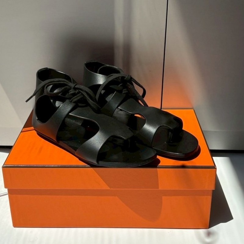Hermes 黑皮綁帶羅馬涼鞋-0