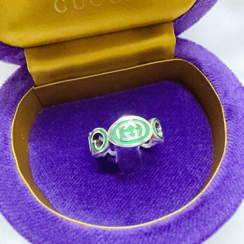 全新正品Gucci綠色系鏈鎖珐瑯純銀戒指 Gucci戒指 Gucci配件 Gucci銀戒-1