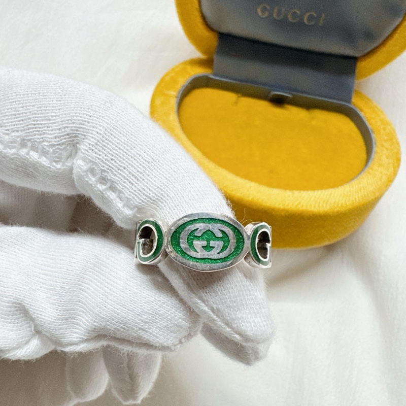 全新正品Gucci綠色系鏈鎖珐瑯純銀戒指 Gucci戒指 Gucci配件 Gucci銀戒-0