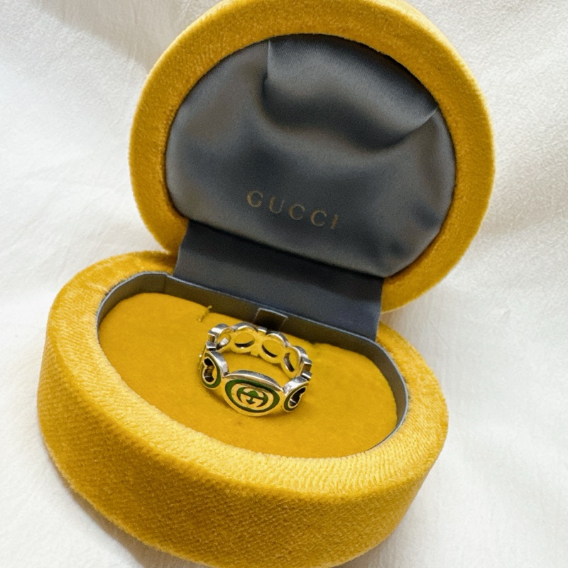 全新正品Gucci綠色系鏈鎖珐瑯純銀戒指 Gucci戒指 Gucci配件 Gucci銀戒-1