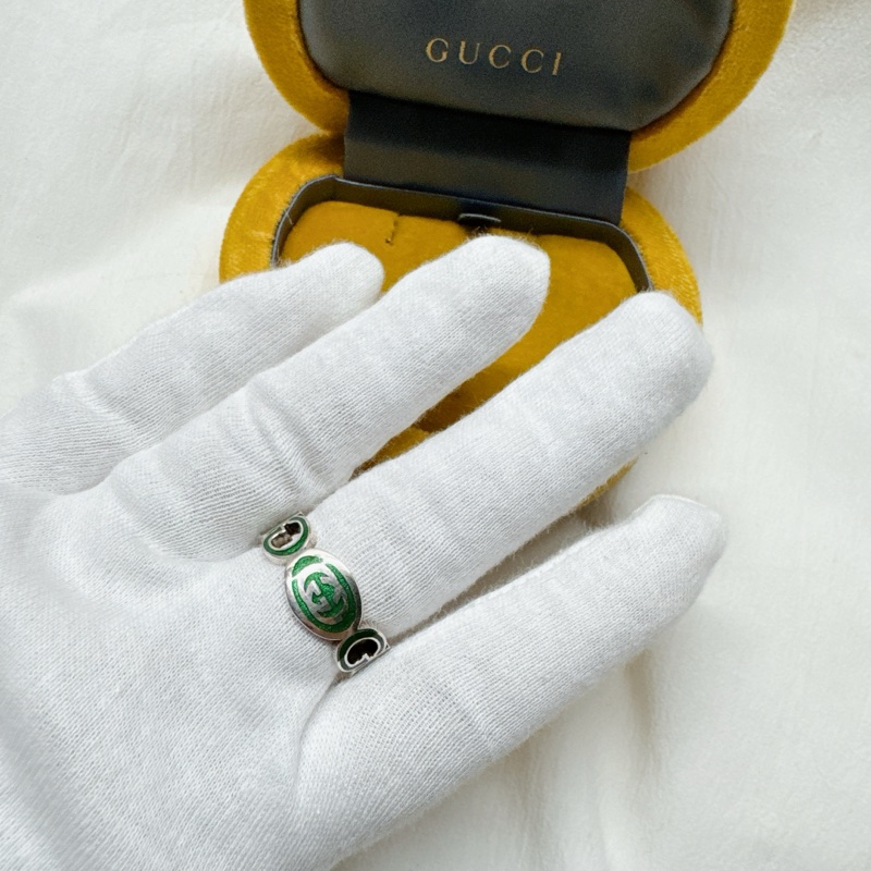全新正品Gucci綠色系鏈鎖珐瑯純銀戒指 Gucci戒指 Gucci配件 Gucci銀戒-2
