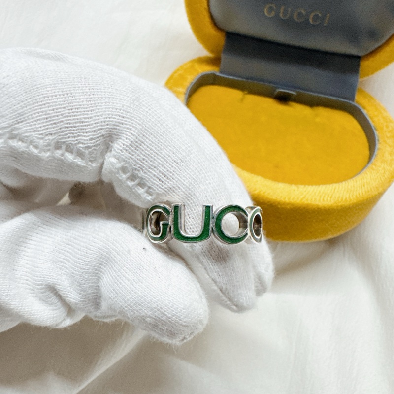 全新正品Gucci綠色系鏈鎖珐瑯純銀戒指 Gucci戒指 Gucci配件 Gucci銀戒-18
