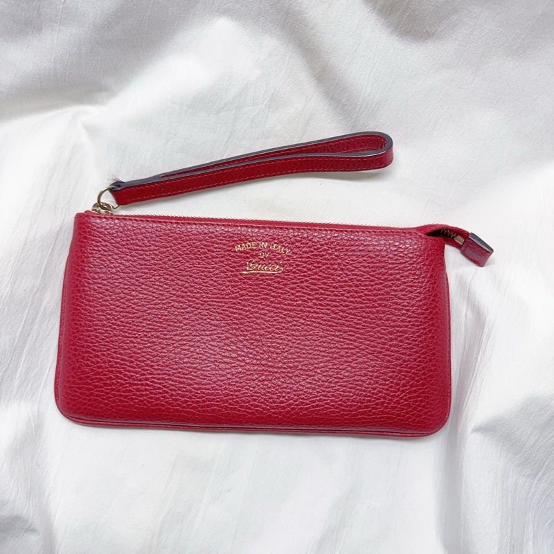 二手Gucci荔枝紋草寫logo拉鏈長夾手拿包 Gucci手拿包 Gucci皮夾 Gucci包 Gucci拉鏈包woc-18