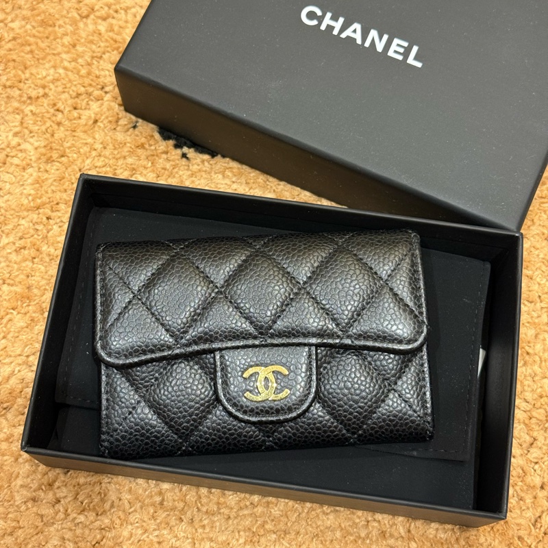 chanel經典黑金魚子醬cf零錢包 晶片保卡-0