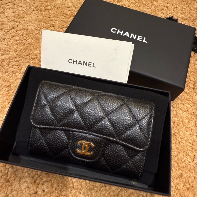 chanel經典黑金魚子醬cf零錢包 晶片保卡-5