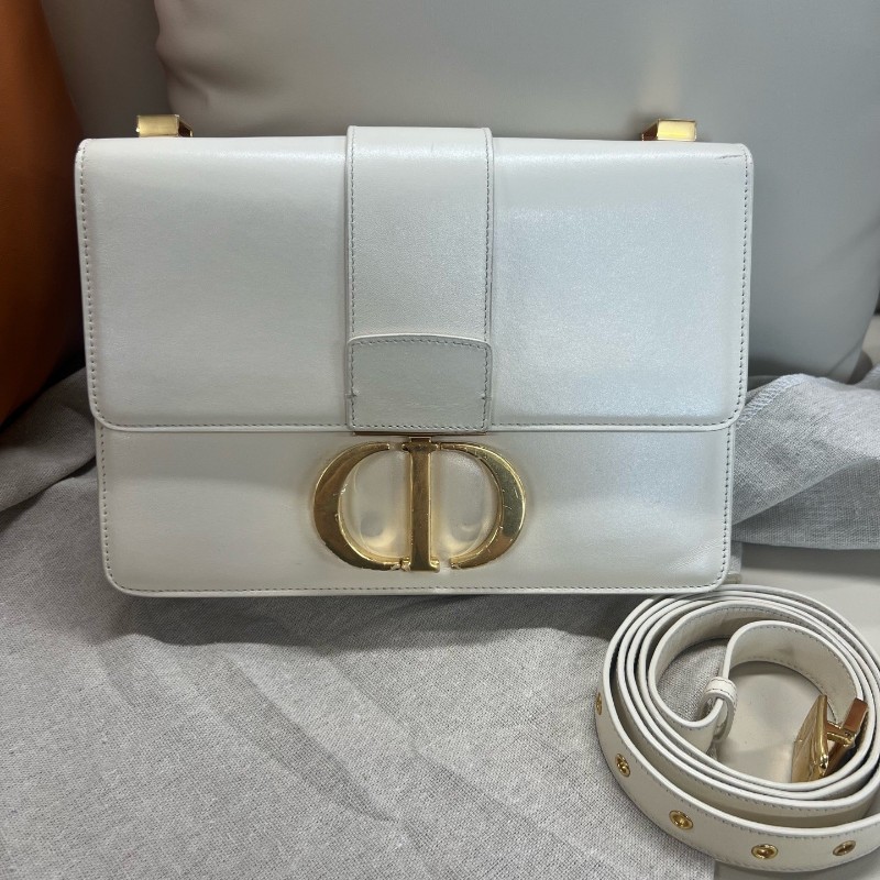 Dior/迪奧 蒙田30 中號 全皮款 30 montaigne 皮肩帶 白色 金扣 肩背包 斜背包-0