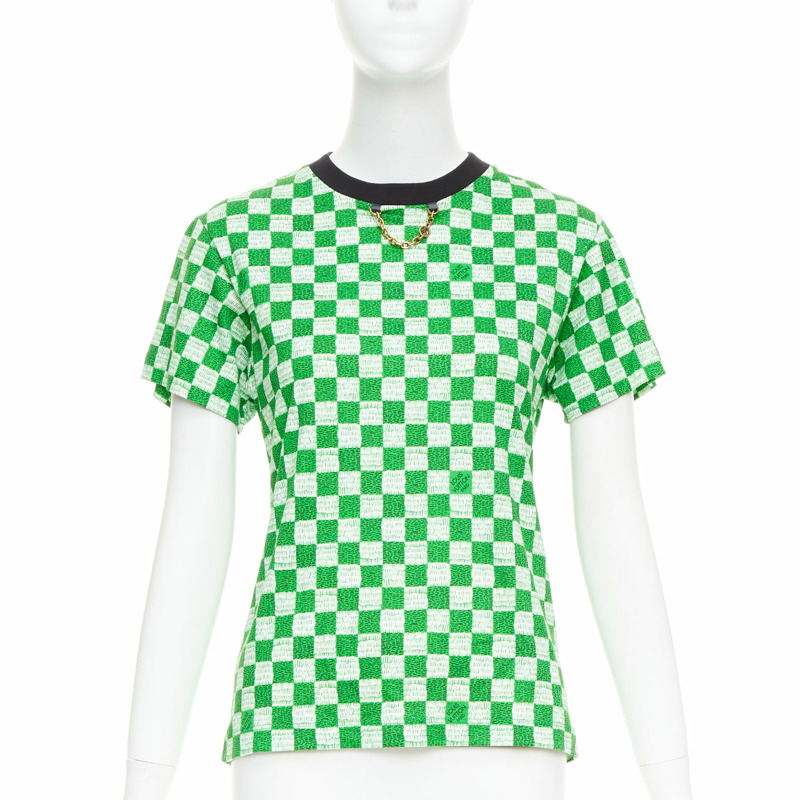 LOUIS VUITTON Damier green white cotton LV print chain detail tshirt XS-0