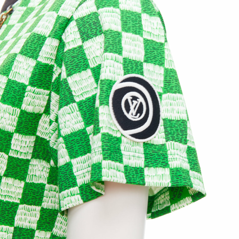 LOUIS VUITTON Damier green white cotton LV print chain detail tshirt XS-1