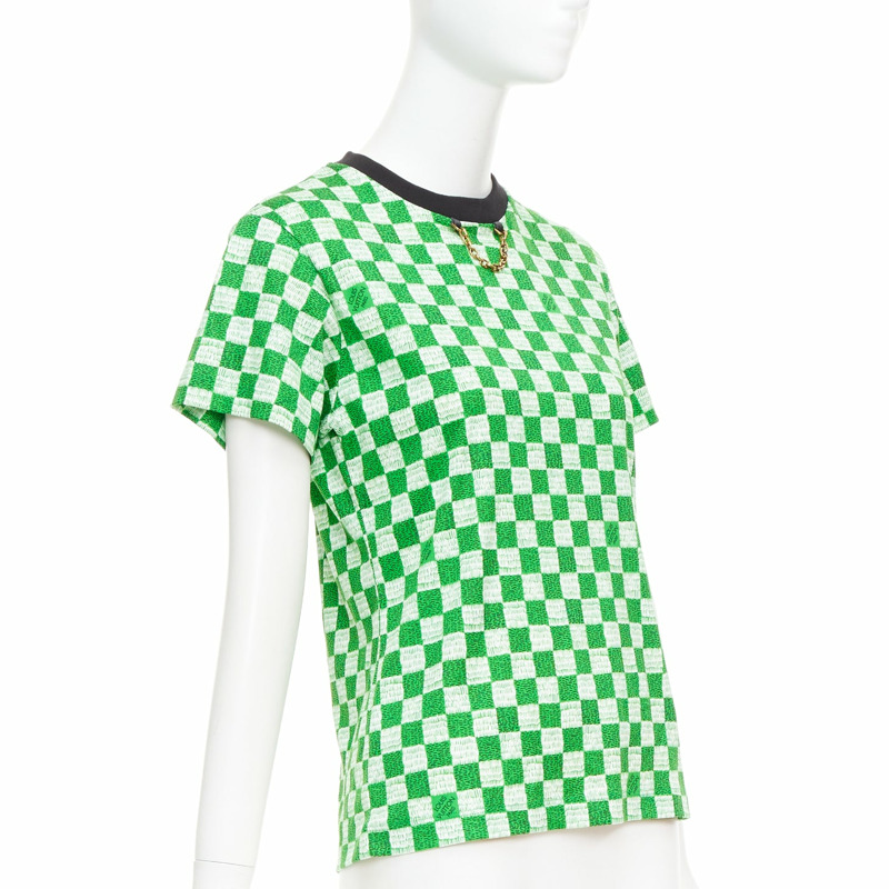 LOUIS VUITTON Damier green white cotton LV print chain detail tshirt XS-2