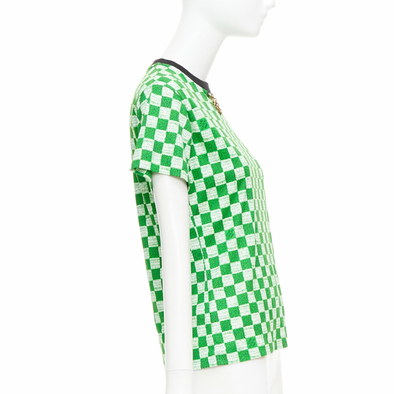 LOUIS VUITTON Damier green white cotton LV print chain detail tshirt XS-3
