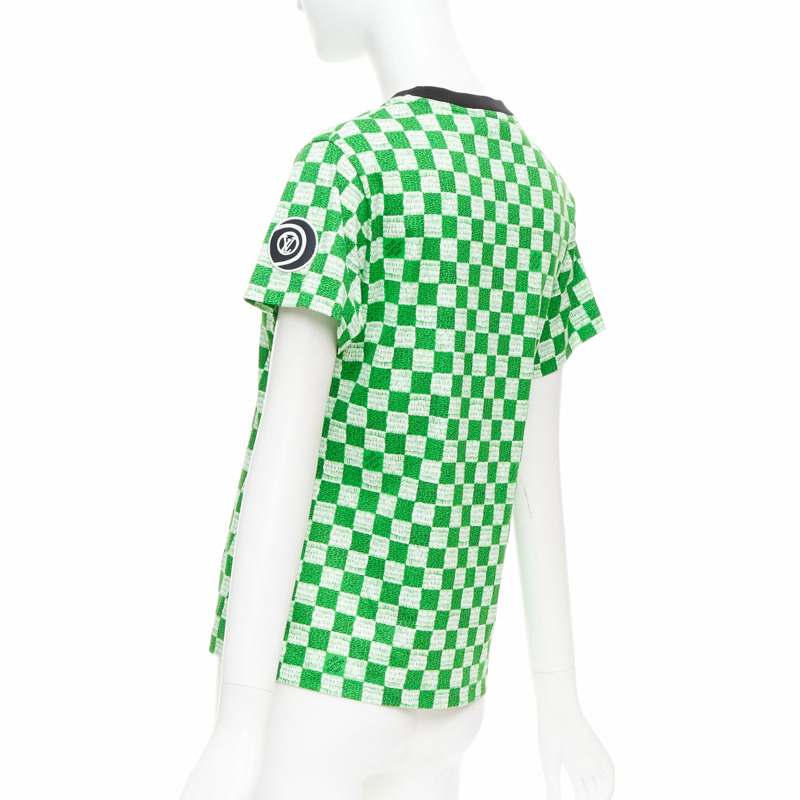 LOUIS VUITTON Damier green white cotton LV print chain detail tshirt XS-5