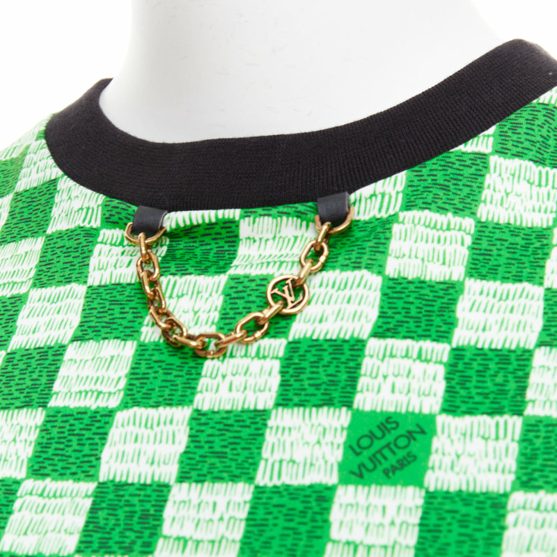 LOUIS VUITTON Damier green white cotton LV print chain detail tshirt XS-6