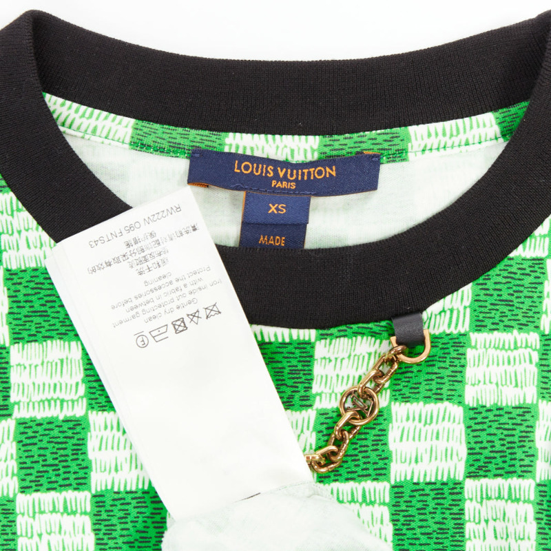 LOUIS VUITTON Damier green white cotton LV print chain detail tshirt XS-7