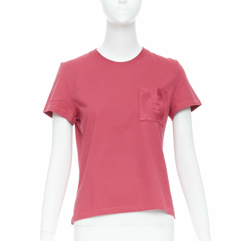 HERMES Embroidered Pocket raspberry pink H motif tshirt FR38 M-0