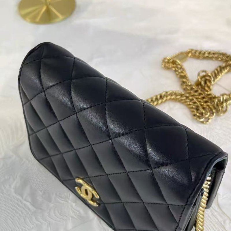 ✨Chanel 23C 黑金羊皮菱格紋砝朗扣Woc鍊條包豆腐包 15.5*11*4.5 99新 配件塵袋-3