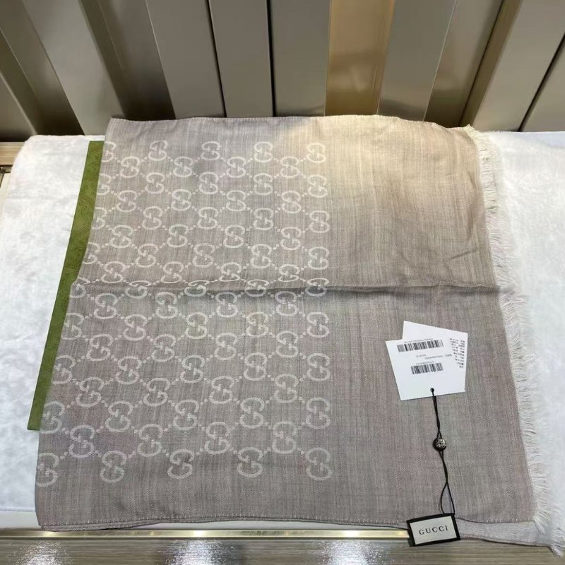 gucci 羊毛圍巾雙面淺咖色灰色 180×45 全新 配件紙袋-2