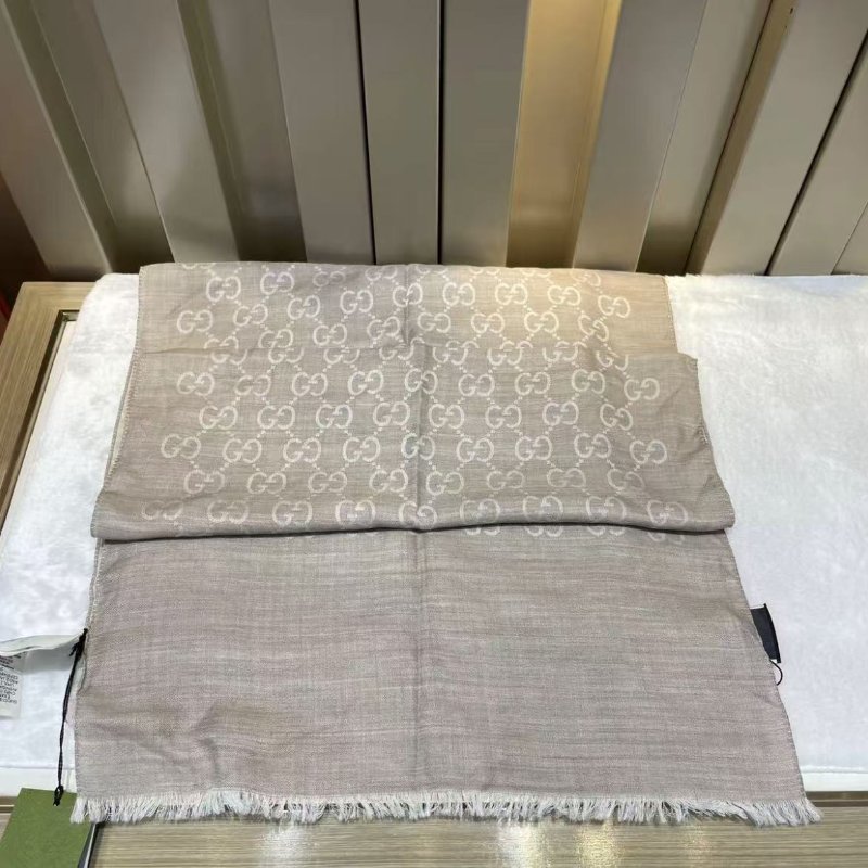 gucci 羊毛圍巾雙面淺咖色灰色 180×45 全新 配件紙袋-3
