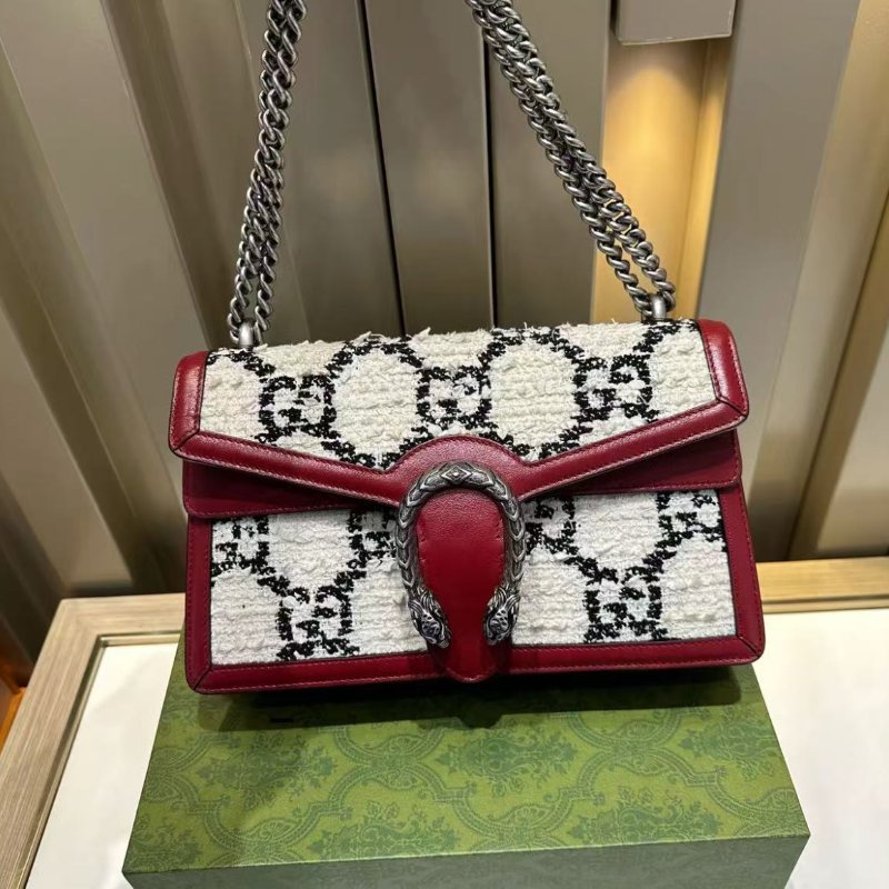 Gucci 酒神中號紅色牛皮拚白色毛呢 27cm 98新配件盒子塵帶-1