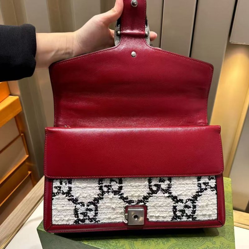 Gucci 酒神中號紅色牛皮拚白色毛呢 27cm 98新配件盒子塵帶-3