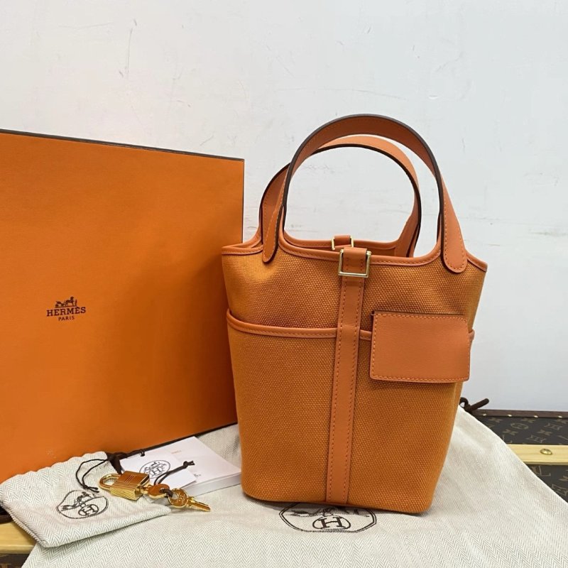 HERMES 橘色金扣cargo菜籃子 手提包 18*18*14 全新閒置配件盒子塵袋鑰匙鎖-0