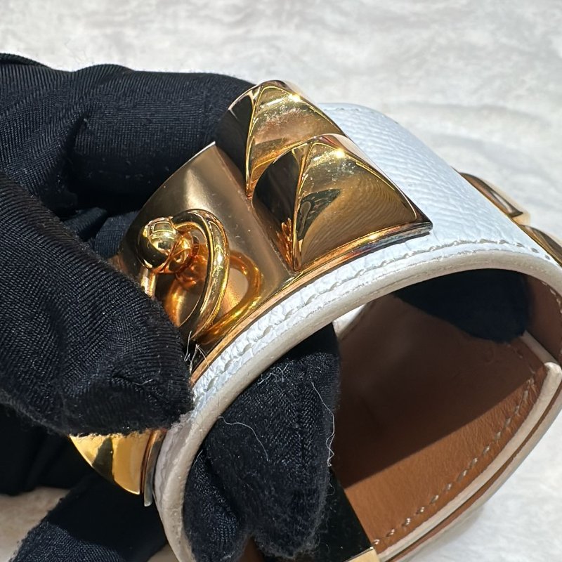 HERMES 愛馬仕 Epsom皮革COLLIER DE CHIEN金扣手鐲白色-9