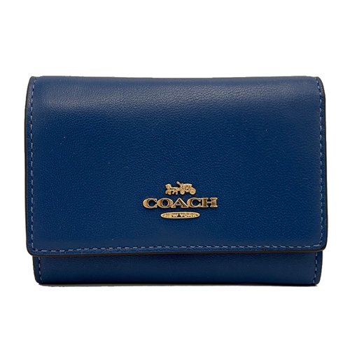 【全新】COACH 素面牛皮三折拉鍊零錢袋鈔票短夾(英國藍)-0