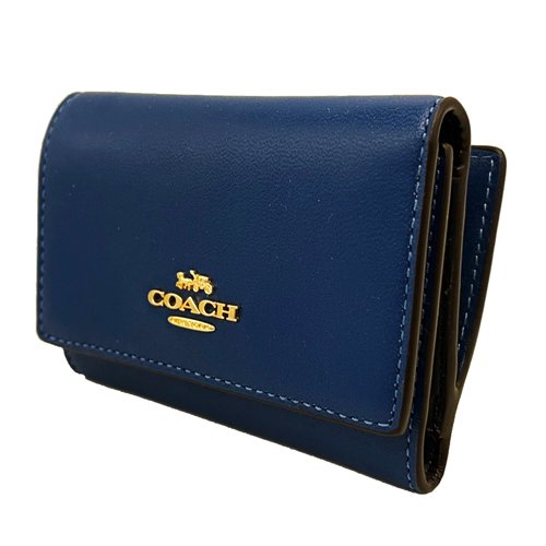 【全新】COACH 素面牛皮三折拉鍊零錢袋鈔票短夾(英國藍)-1