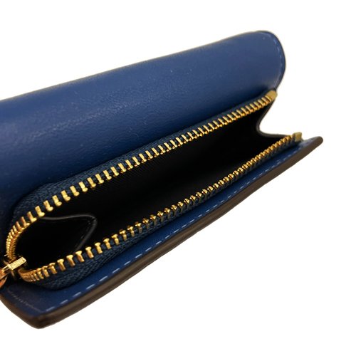 【全新】COACH 素面牛皮三折拉鍊零錢袋鈔票短夾(英國藍)-3