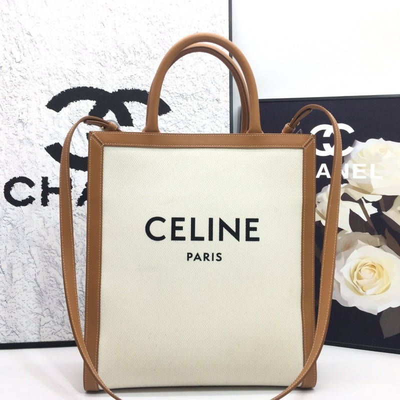Celine Cabas焦糖色皮革拼米色帆布托特包 手提包 單肩包-0