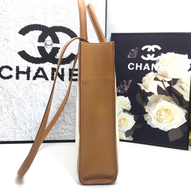 Celine Cabas焦糖色皮革拼米色帆布托特包 手提包 單肩包-4
